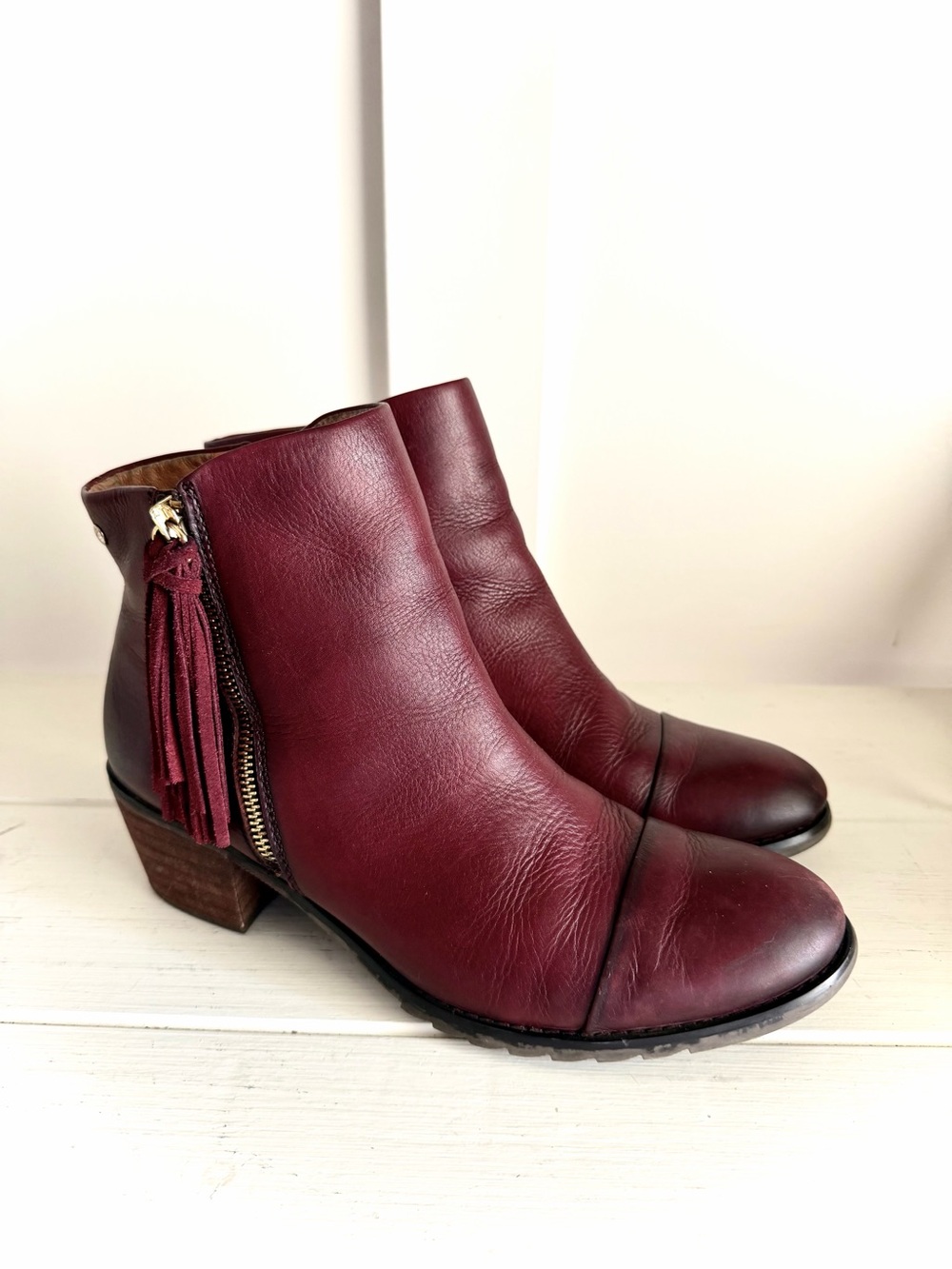 Pikolinos Andorra Leather Tassel Ankle Boots Burgundy Red Size 41 GUC